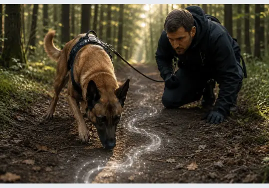 Focused mantrailing dog following an older scent trail on forest ground during a search and rescue training session