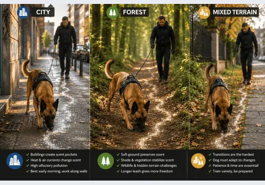 Mantrailing dog tracking a scent trail across mixed urban and forest terrain during a search and rescue training session on varied surfaces