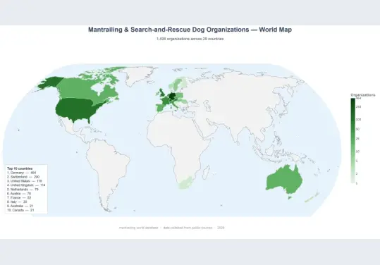 Hartă mondială cu peste 1.400 de organizații Search & Rescue și Mantrailing din 29 de țări, realizată de voluntarii Mantrailing România.