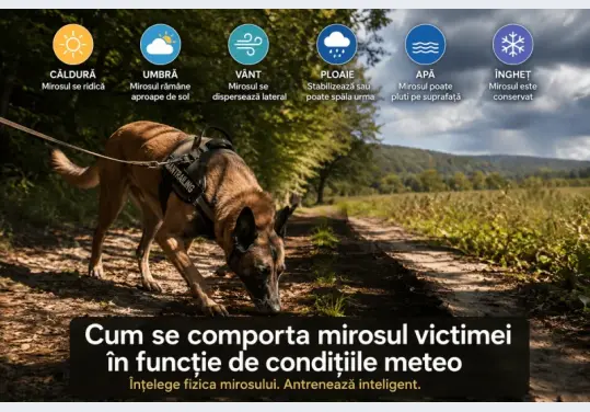 Câine de mantrailing cu nasul la sol urmarind o urma in conditii de soare si umbra alternata - antrenament de cautare