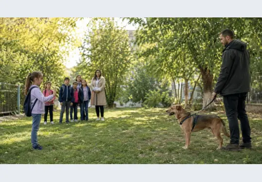 A schoolchild asks permission before approaching a calm leashed dog during a supervised outdoor educational activity