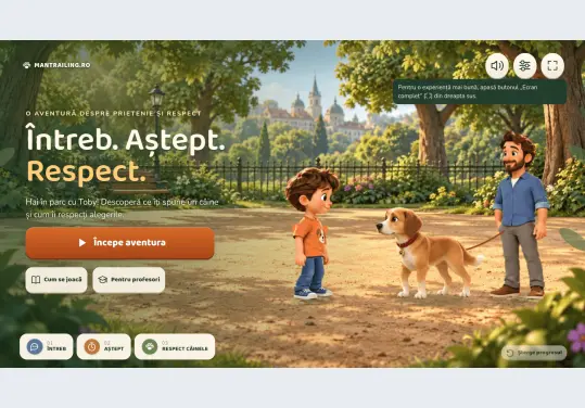 Harta parcului din jocul „Întreb. Aștept. Respect. – Aventura din parc”: cinci destinații numerotate pe aleile unui parc desenat
