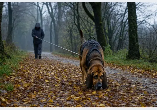 Câine de mantrailing cu nasul la sol pe o alee acoperită de frunze ude, toamna