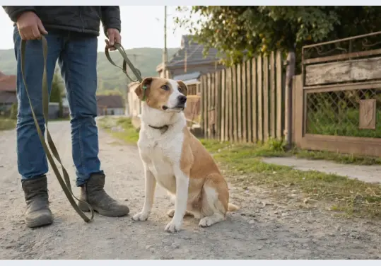Câine metis alb cu maro, cu o plăcuță verde de identificare în ureche, așezat pe o uliță de sat lângă persoana care îi ține lesa