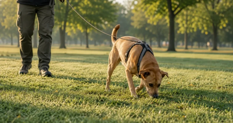 Câine cu anxietate urmărind o urmă olfactivă în timpul unui antrenament de mantrailing - concentrat și calm