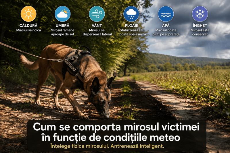 Câine de mantrailing cu nasul la sol urmarind o urma in conditii de soare si umbra alternata - antrenament de cautare