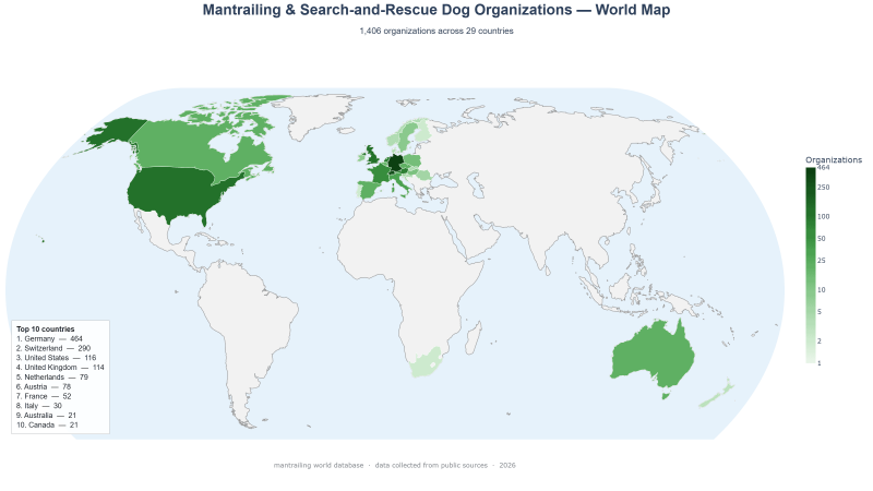 Hartă mondială cu peste 1.400 de organizații Search & Rescue și Mantrailing din 29 de țări, realizată de voluntarii Mantrailing România.
