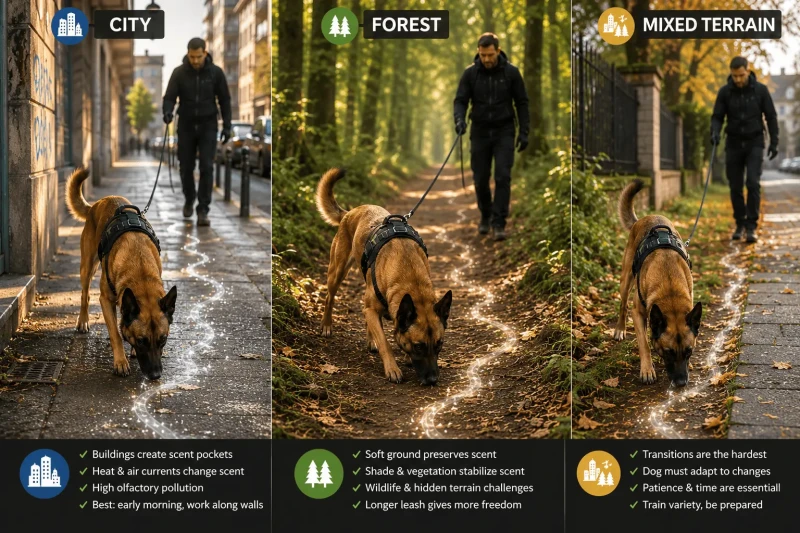 Câine de mantrailing urmarind o urma pe teren mixt urban si padure - antrenament de cautare-salvare pe diverse suprafete