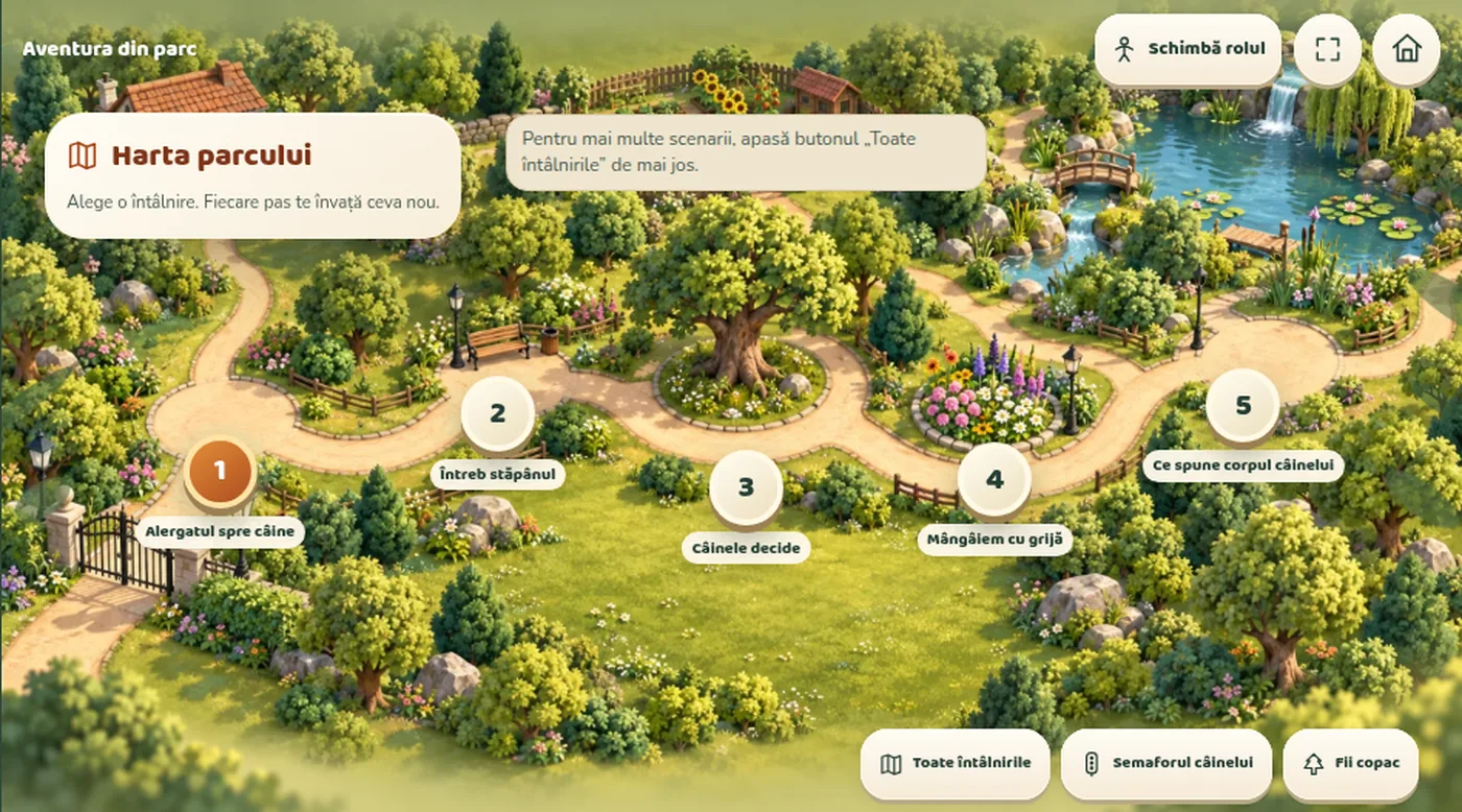 Harta parcului din jocul educațional, cu cele cinci întâlniri numerotate