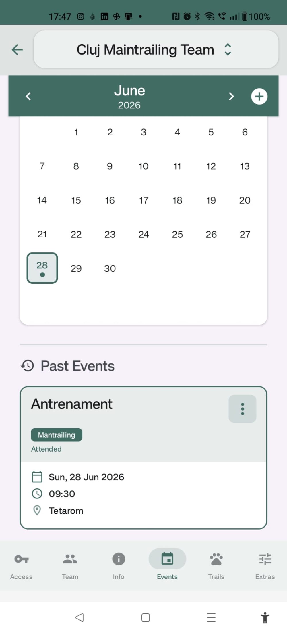 Calendar Calendarul comun de evenimente — antrenamente și seminarii, la nivel de echipă.