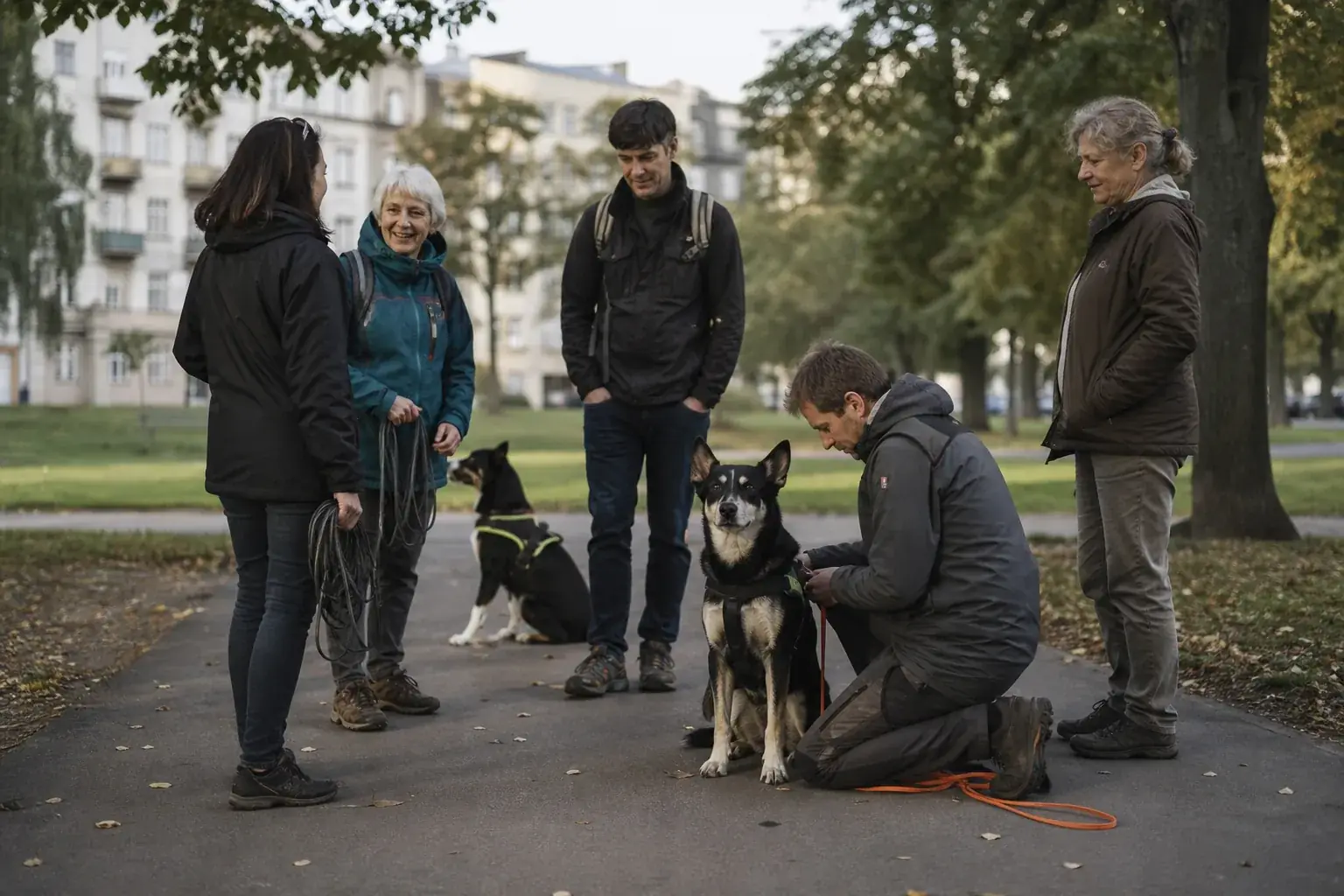 Handler și câine de mantrailing în parc în București, la o sesiune de antrenament