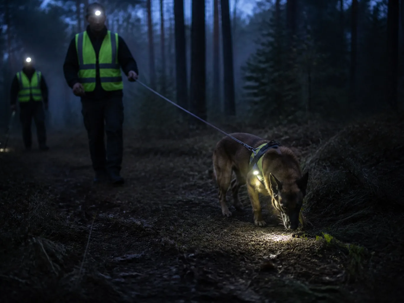 Câine cu lumină pe ham lucrând o urmă în pădure la asfințit, cu conductorul în vestă reflectorizantă și lanternă frontală în urma lui