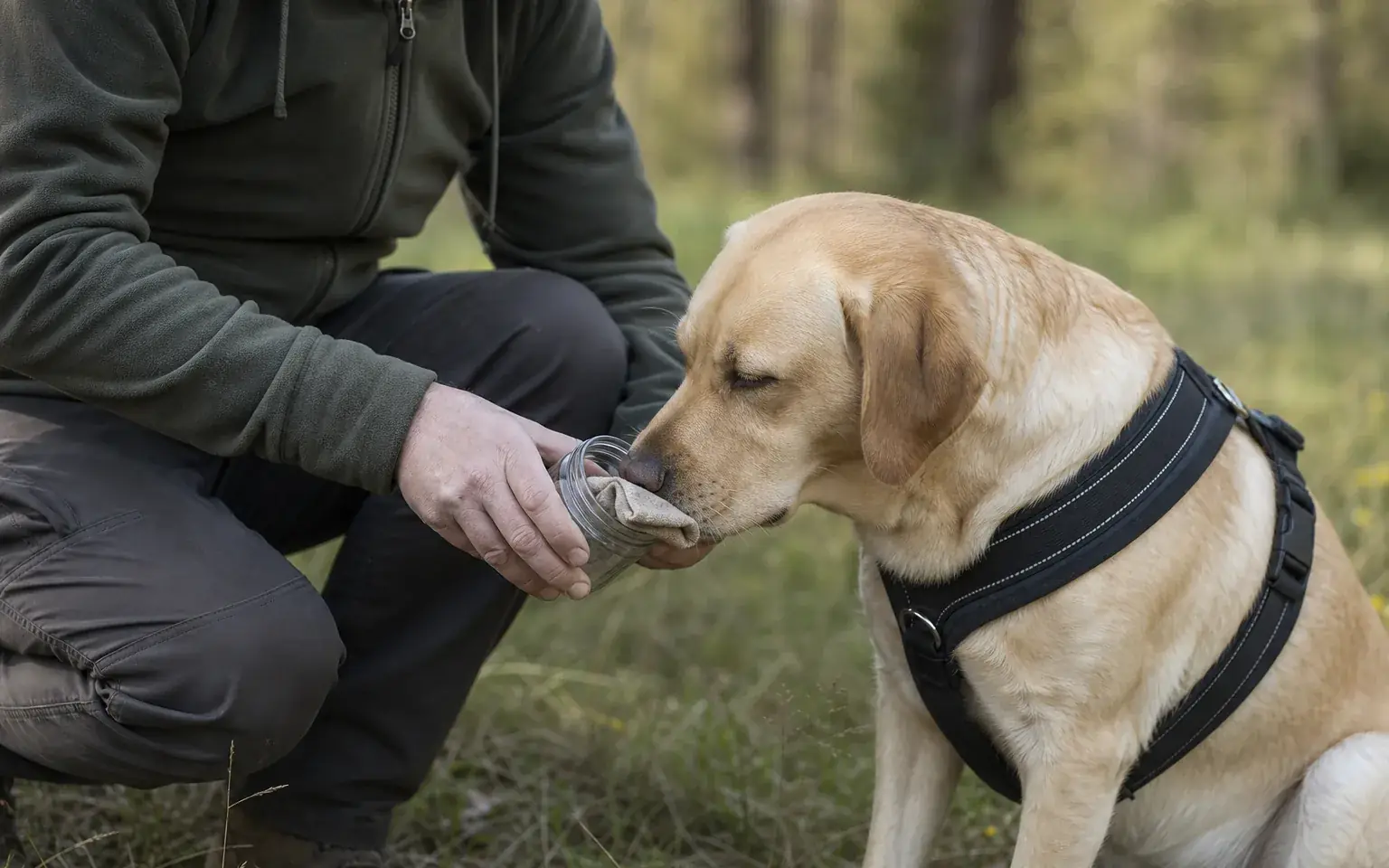 Labrador în ham mirosind proba de miros dintr-un borcan ținut de conductorul ghemuit lângă el