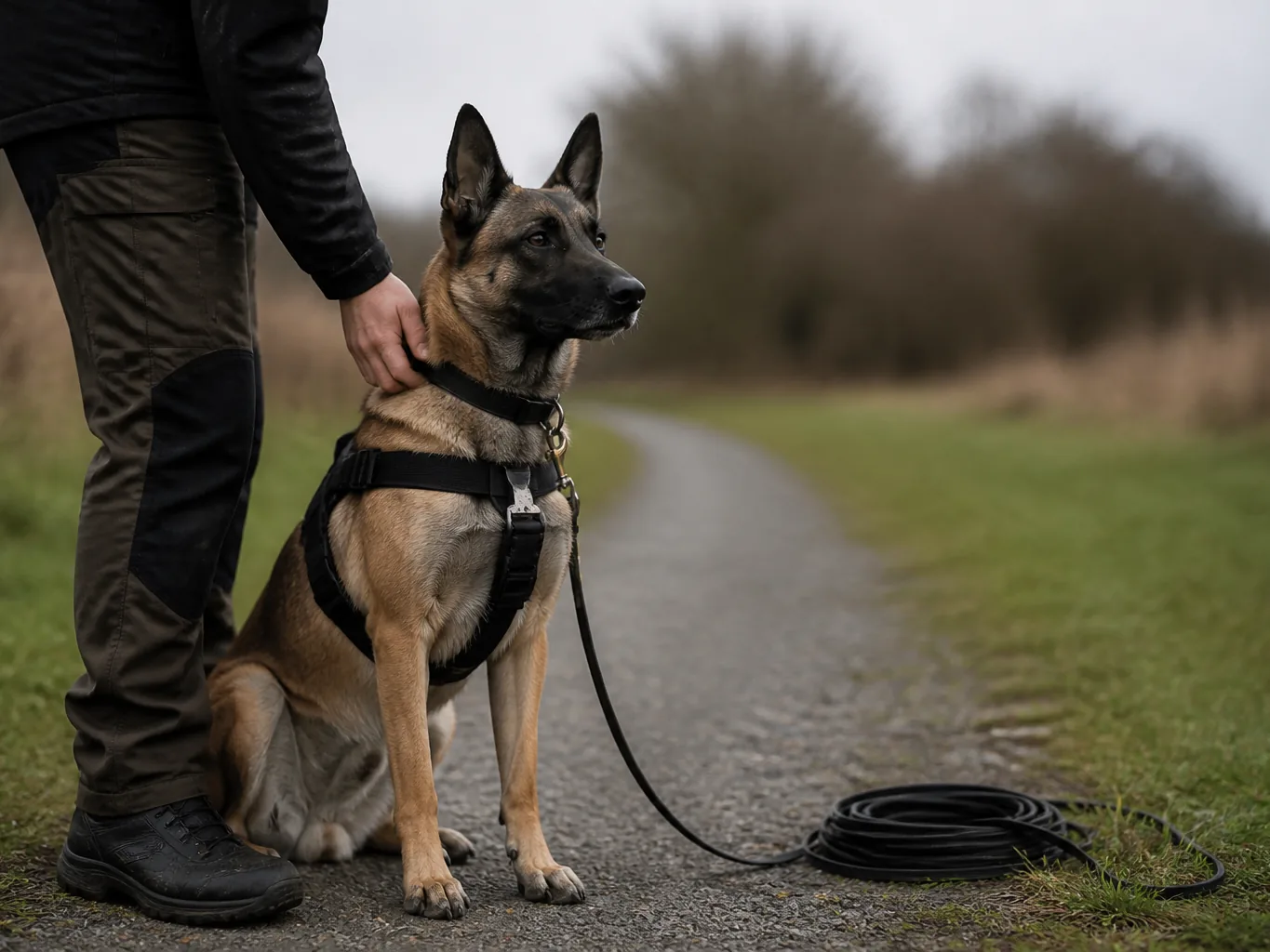 Malinois așezat atent în ham la punctul de start, cu linia lungă înfășurată pe jos lângă el
