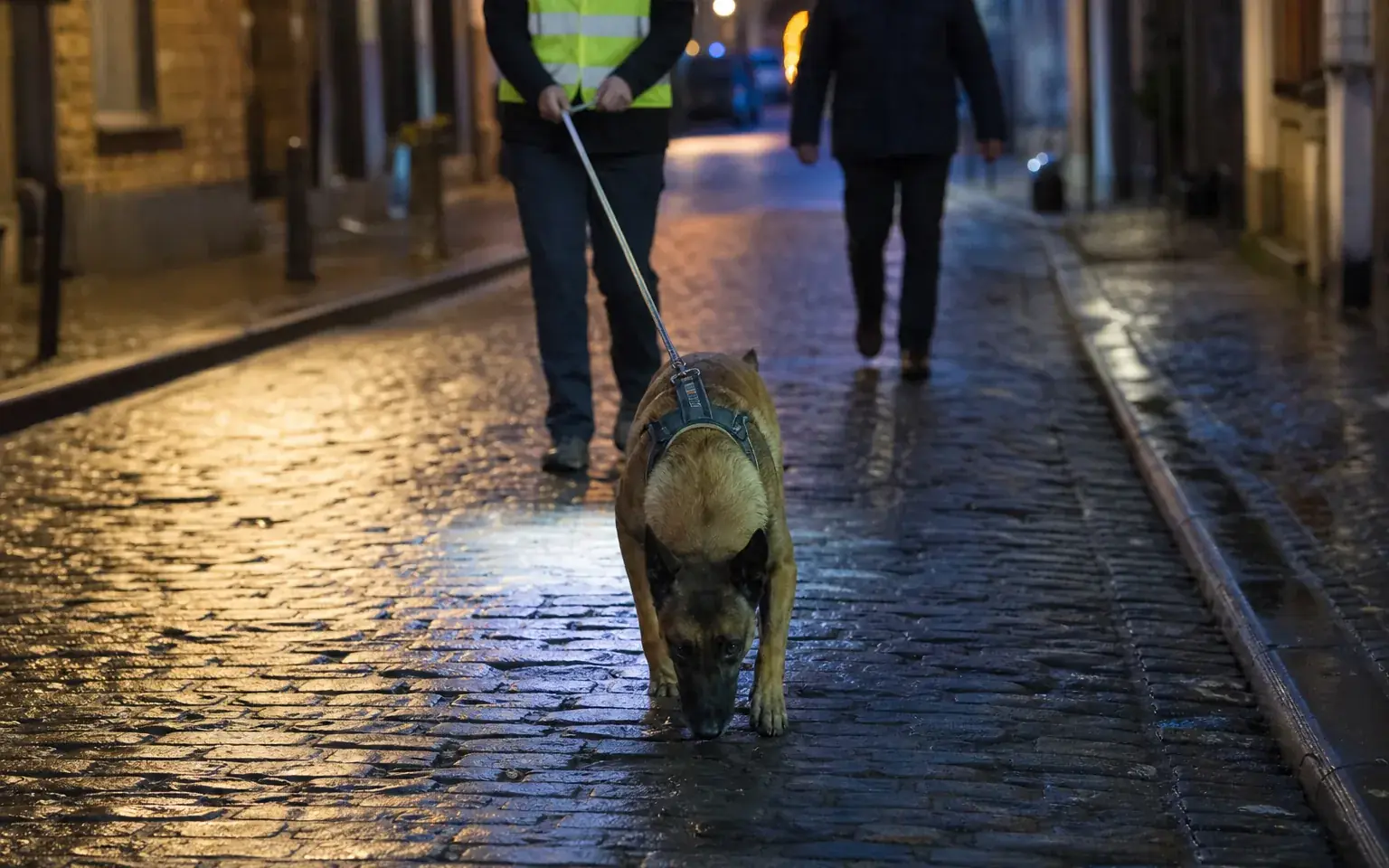 Malinois în ham de urmărire lucrând o urmă pe o stradă pietruită la ora albastră, cu linia întinsă spre conductorul în vestă reflectorizantă din spatele lui