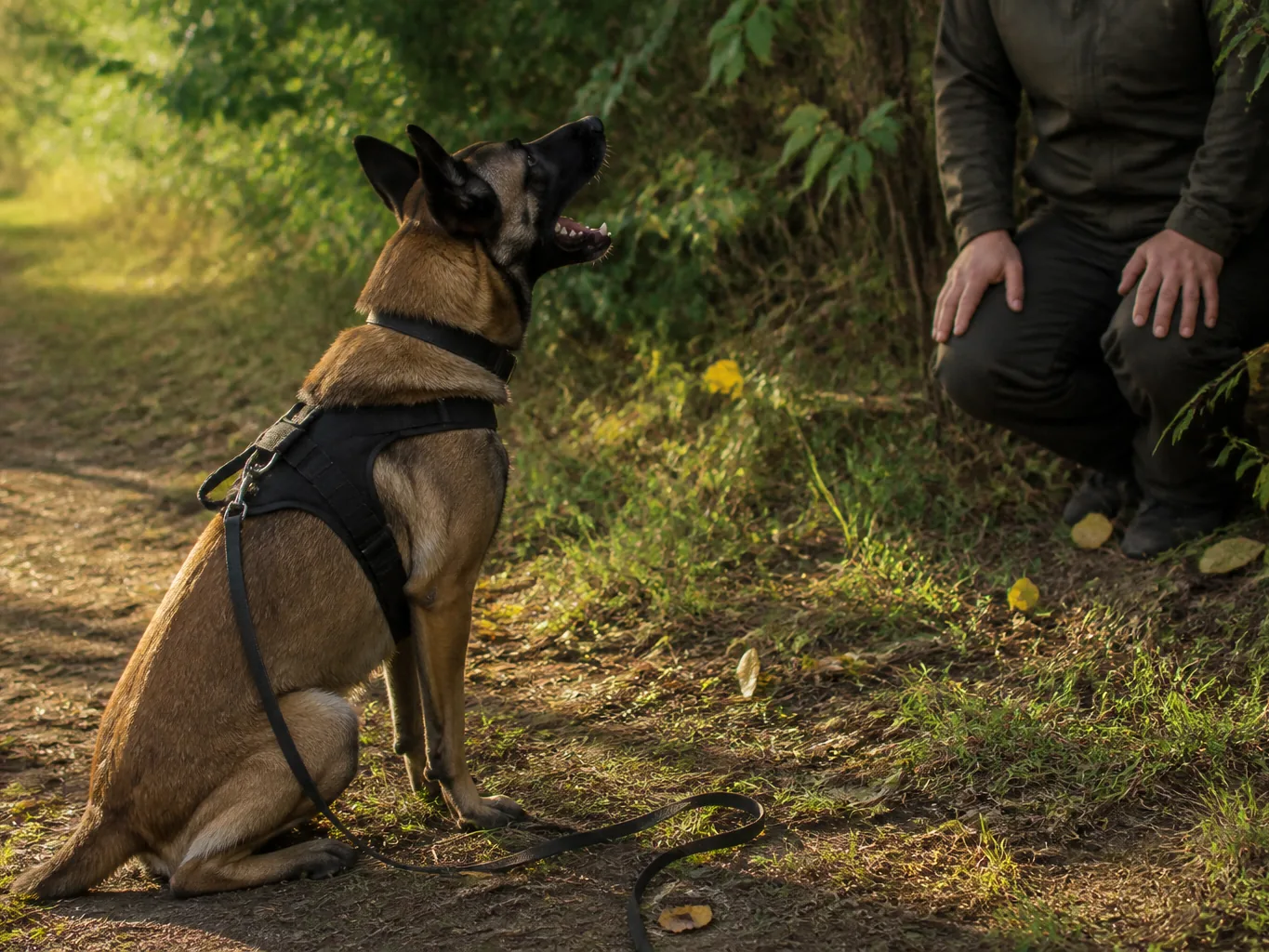 Malinois așezat și lătrând în fața alergătorului ascuns la marginea unui tufăriș, cu linia lăsată moale pe jos