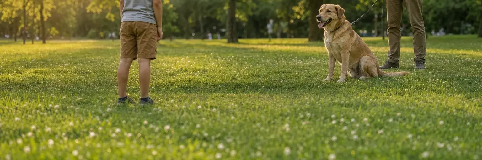 Copil și câine privindu-se calm de la o distanță confortabilă, într-un parc, în lumina caldă a serii
