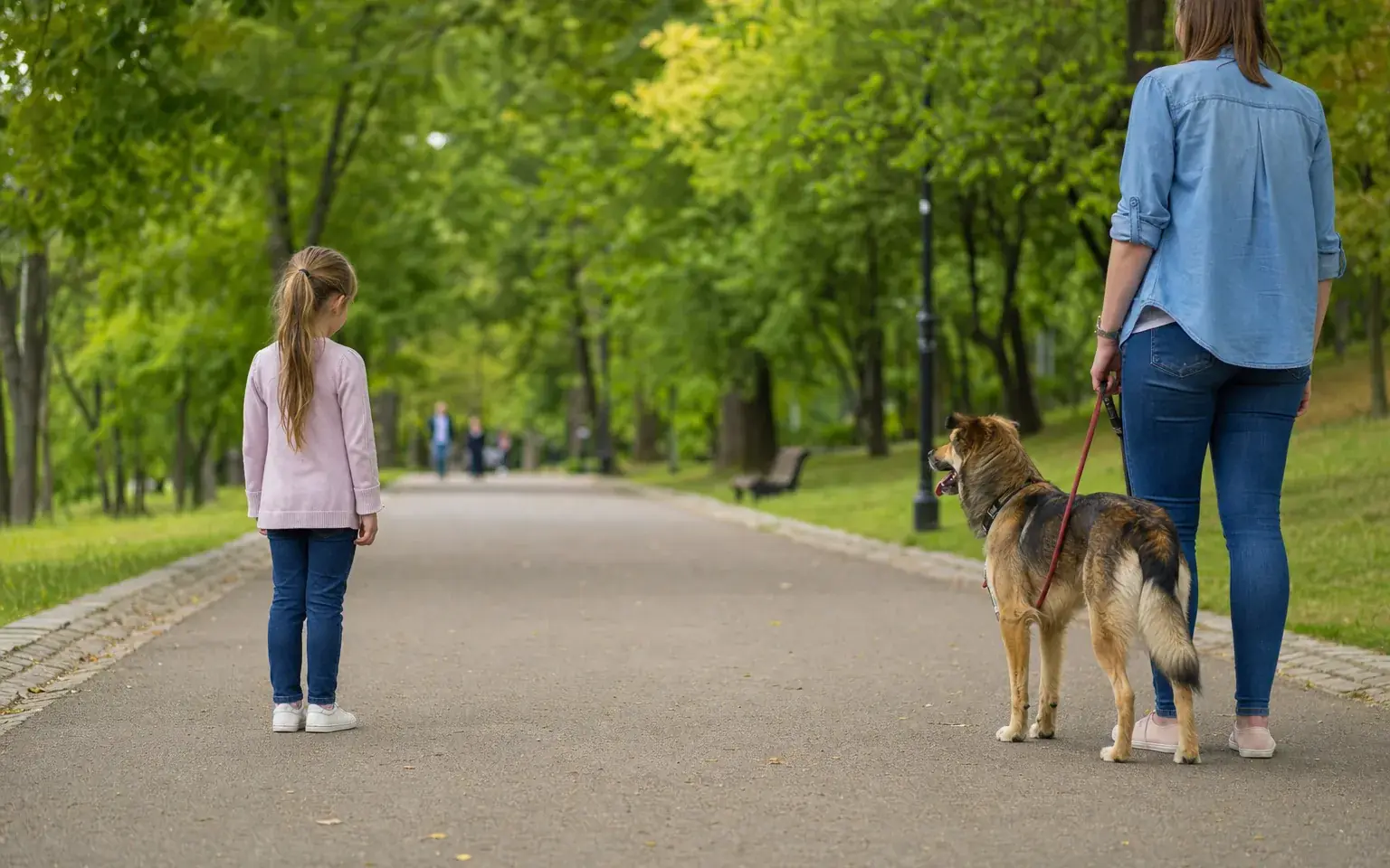 Copil care păstrează o distanță de câțiva metri față de un câine în lesă și își întreabă calm proprietarul dacă se poate apropia, într-un parc