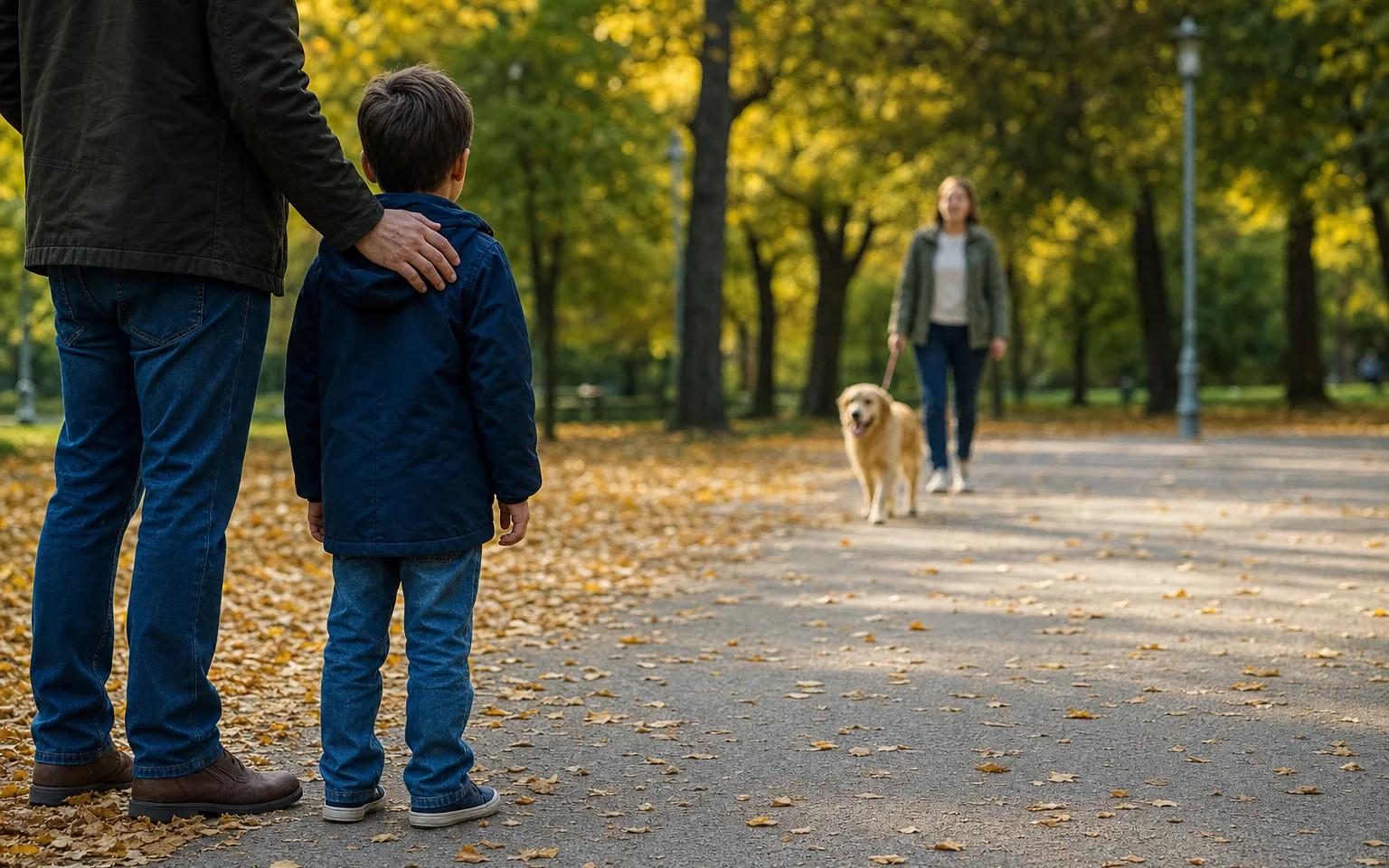 Copil oprit lângă părintele său, amândoi uitându-se de la câțiva metri la un adult care își plimbă câinele în lesă, înainte de a cere permisiunea