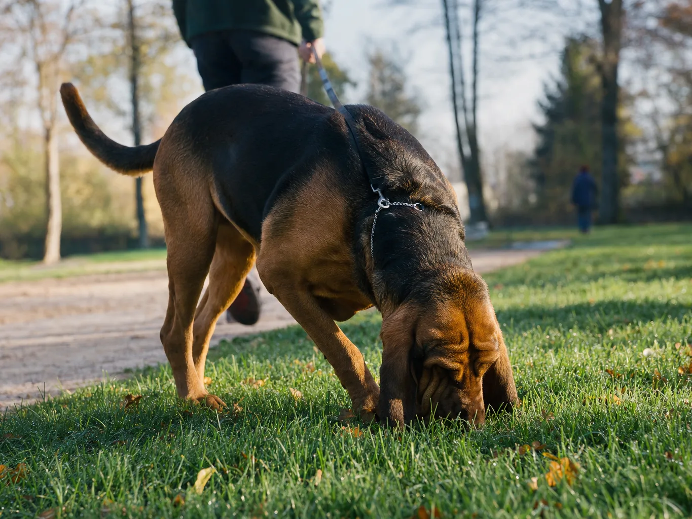 Câine care adulmecă atent solul într-un parc, cu nasul aproape de iarbă, concentrat pe o urmă de miros