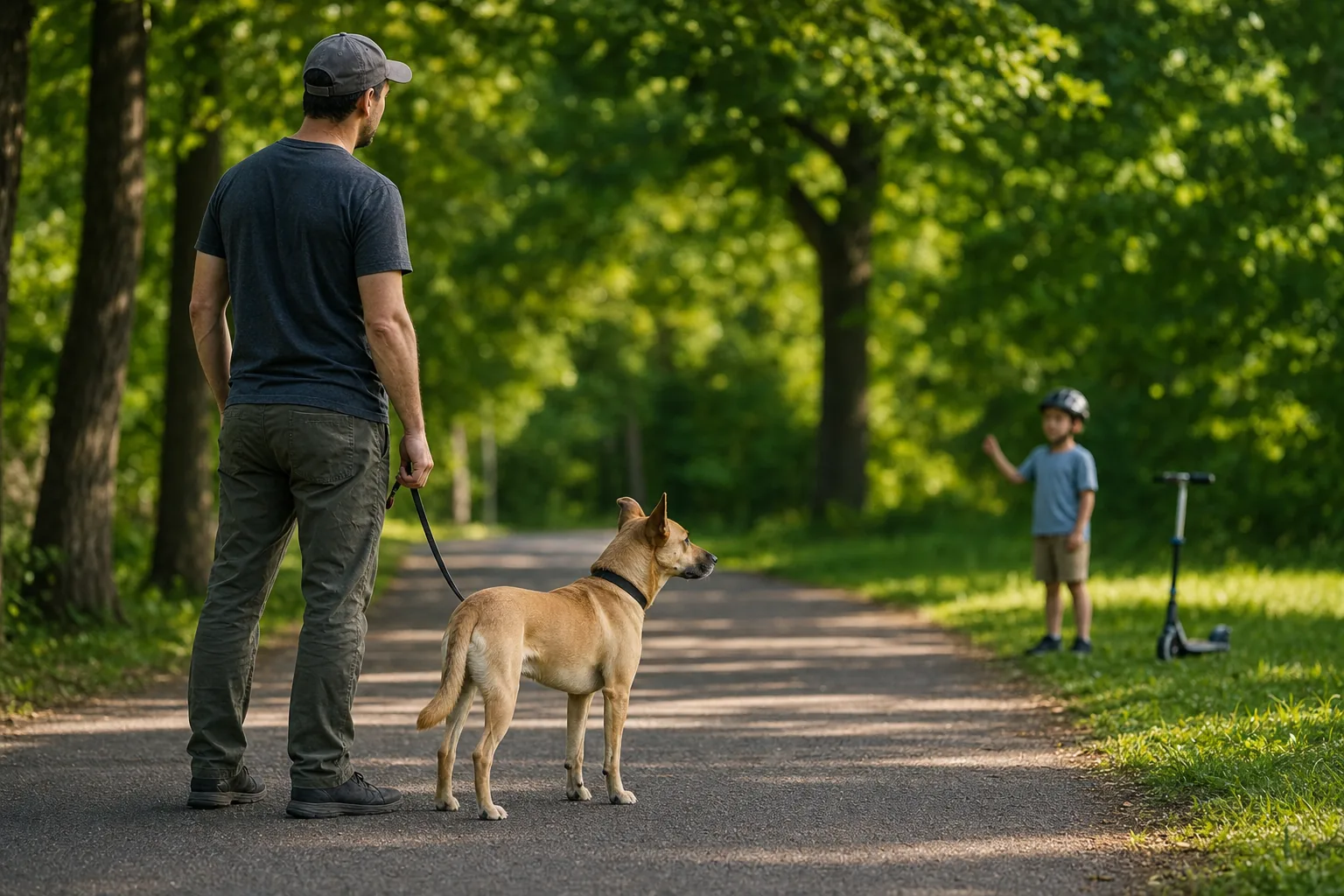 Un om și câinele lui, opriți pe aleea din parc, se uită la copilul care a coborât de pe trotinetă, a lăsat-o deoparte și ridică mâna ca să întrebe dacă se poate apropia