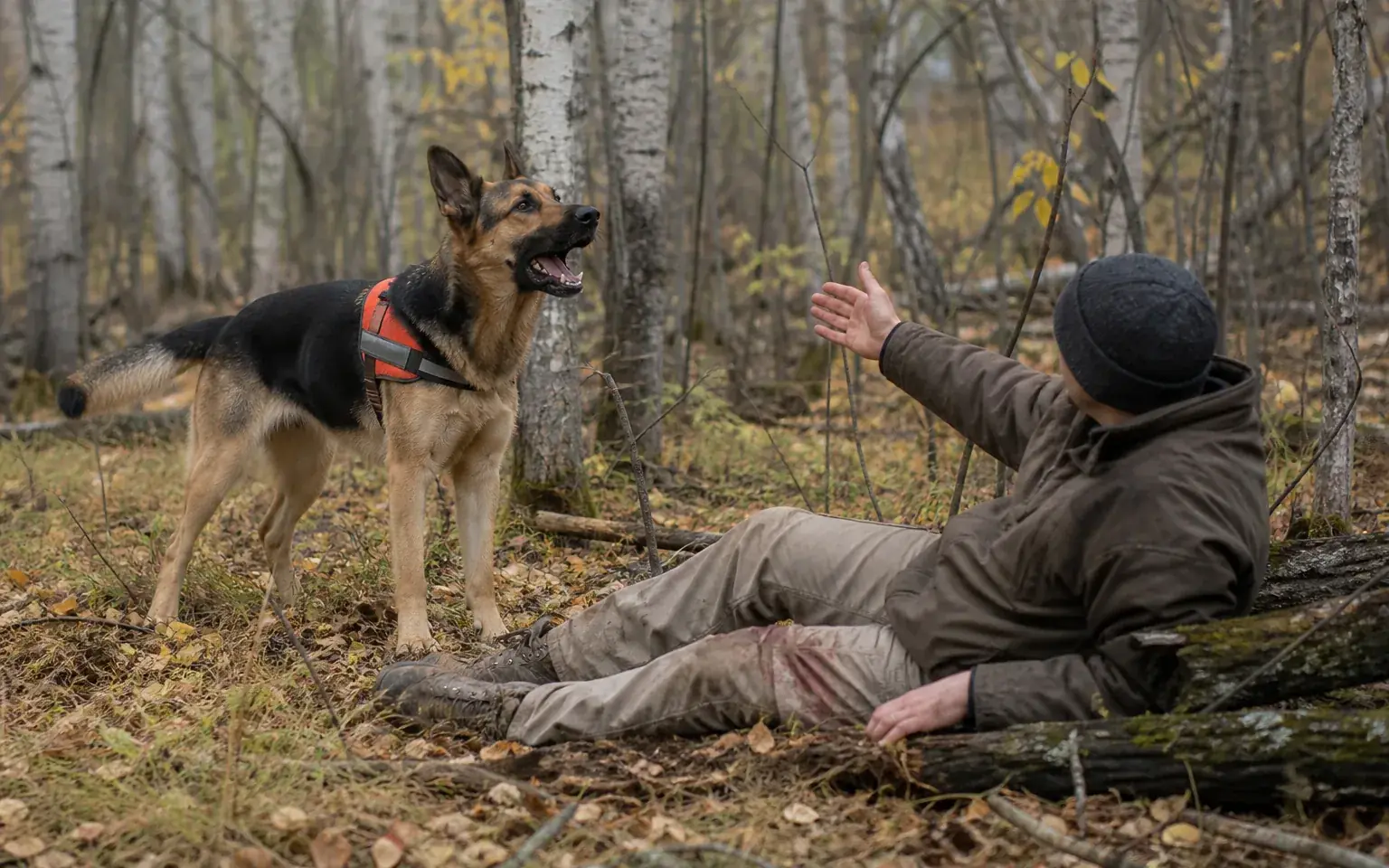 Câine de căutare care semnalizează prin lătrat lângă persoana găsită