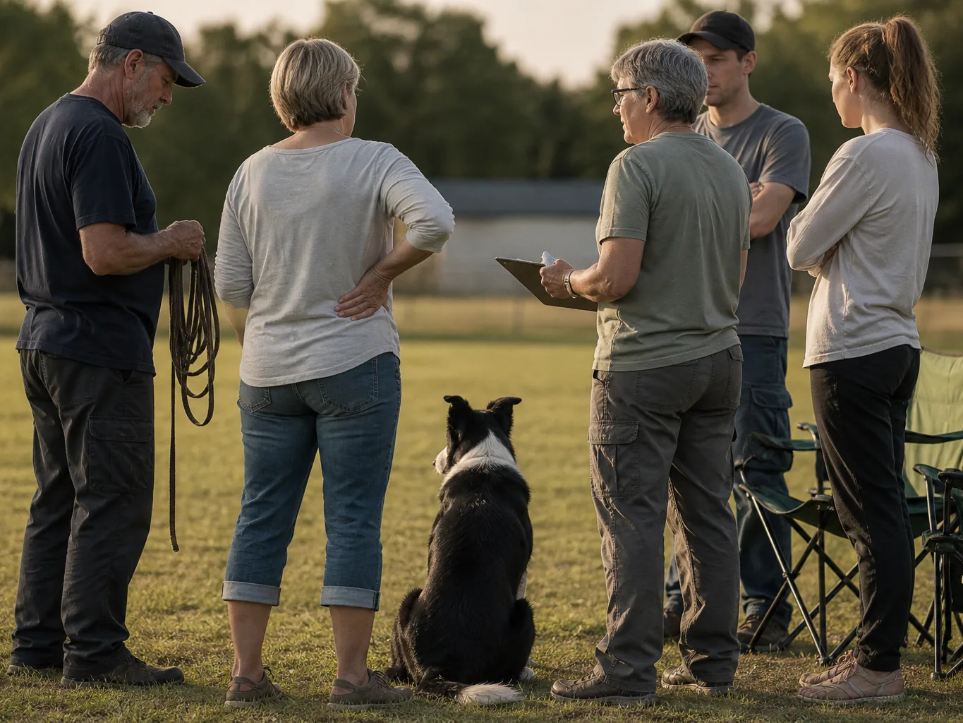 Grup de voluntari adunați la marginea terenului de antrenament, cu un border collie așezat între ei