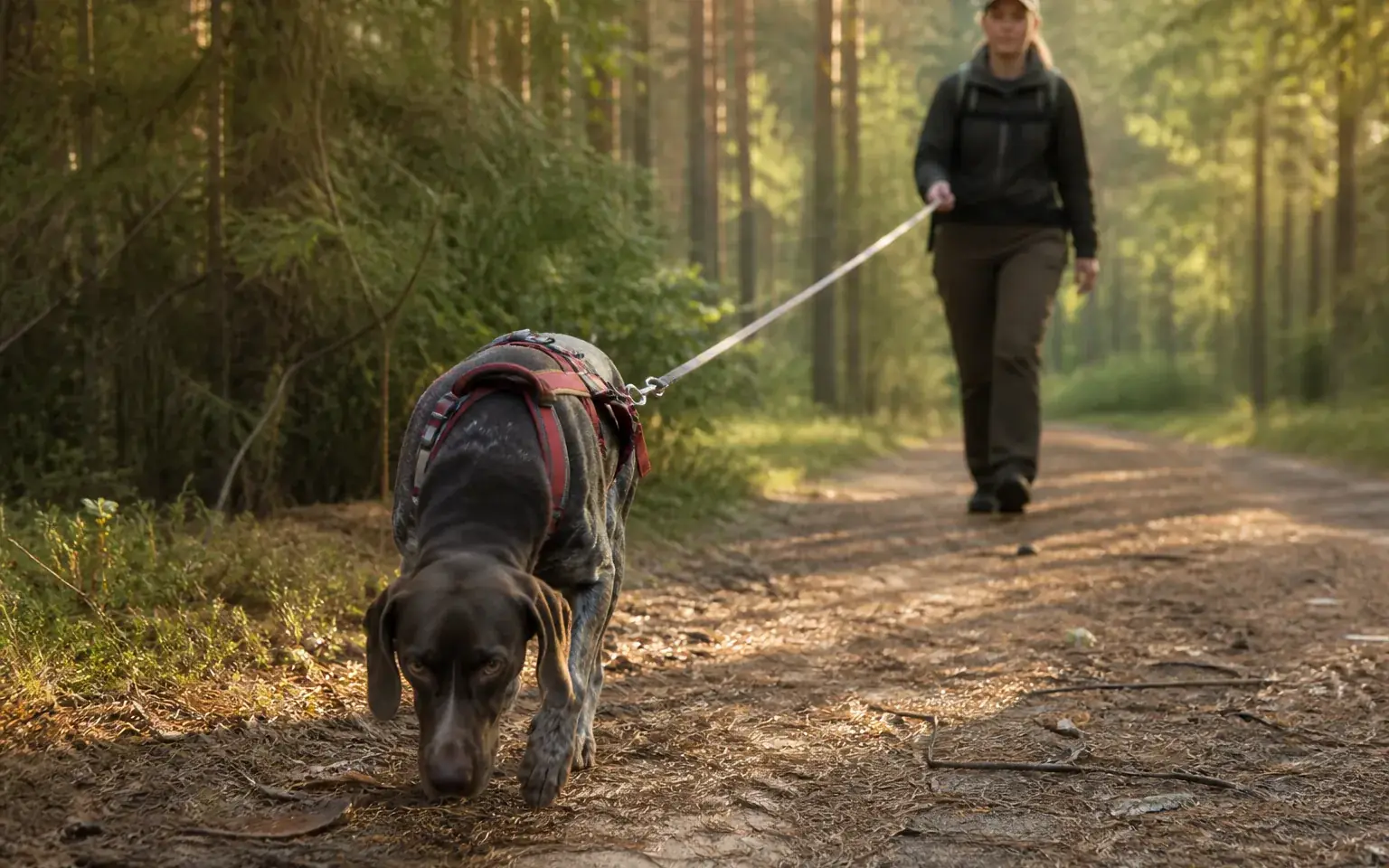 Câine de mantrailing în ham conduce pe urmă, iar handlerul îl urmează cu lesa lungă întinsă