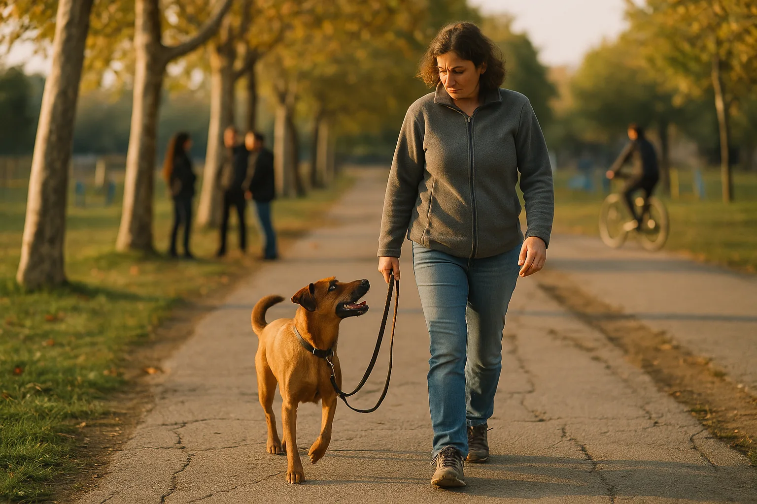 Câine mergând la pas în lesă lângă conductor, pe o alee de parc, în timp ce trec pe lângă un grup de oameni și un biciclist