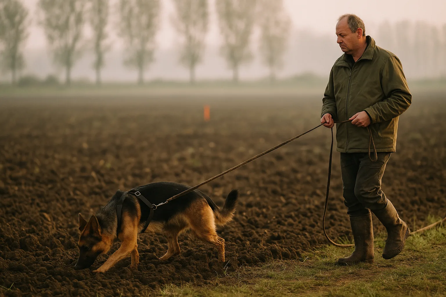 Câine ciobănesc pe lesă lungă lucrând o urmă pe arătură, cu fanionul de start în fundal