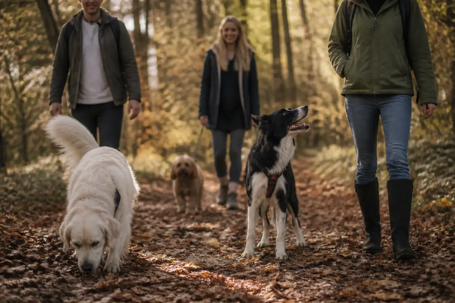 Three dogs with their owners on a woodland trail in autumn