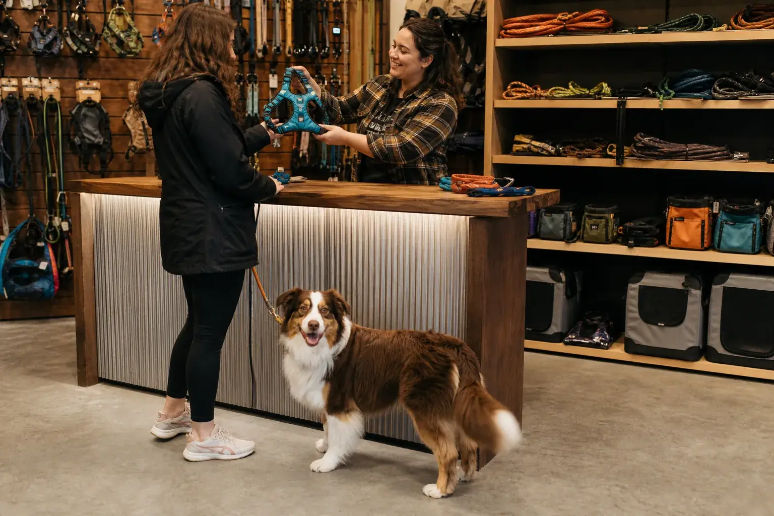 A shop assistant handing a harness to a customer in a dog equipment shop