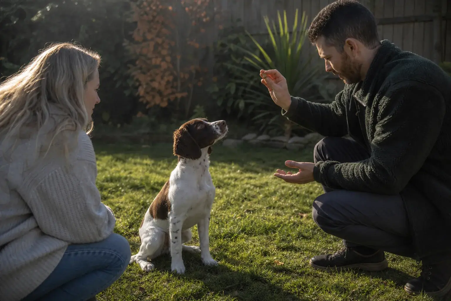 An instructor showing an owner how to reward their dog in the garden
