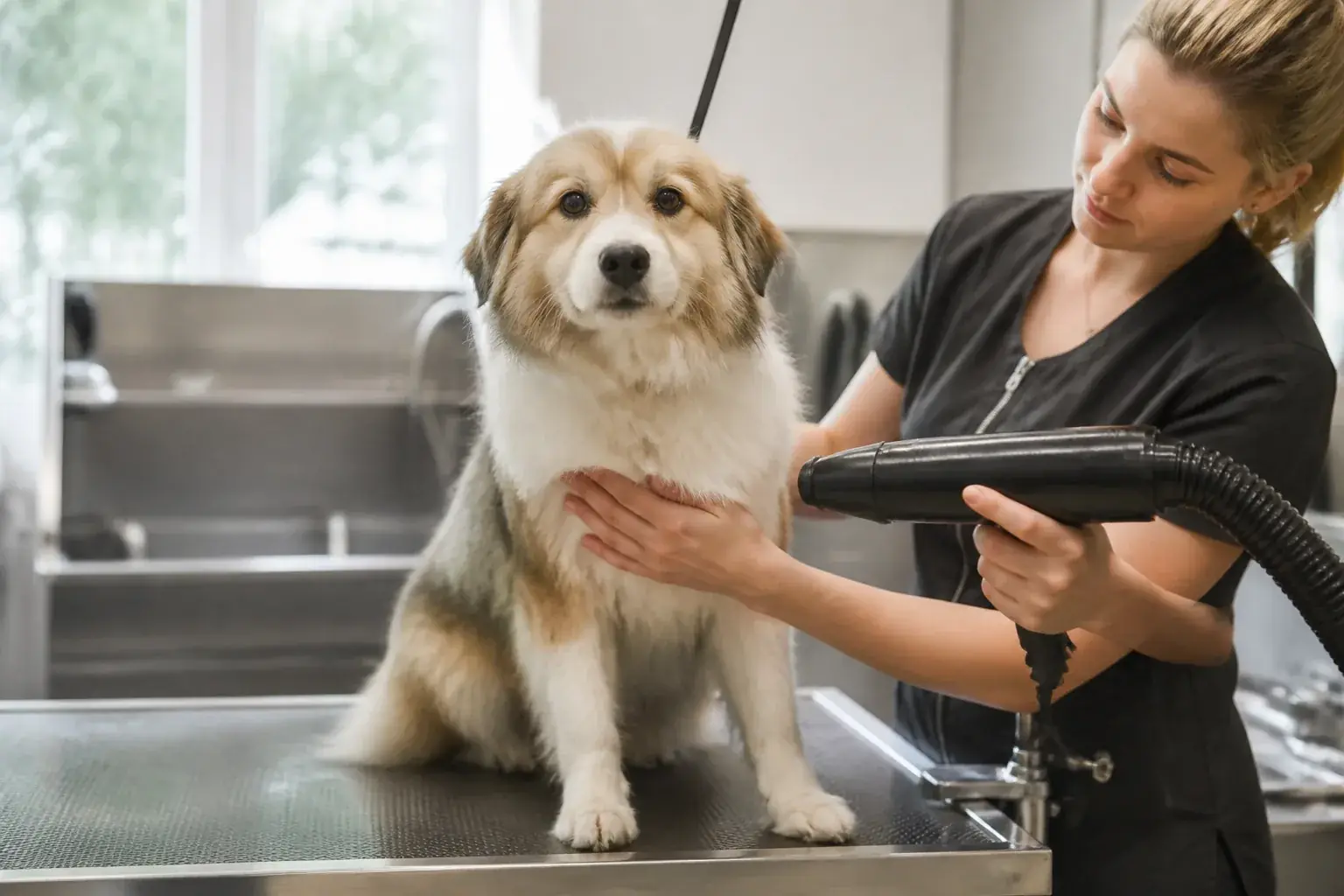 A groomer carefully drying a dog on the grooming table