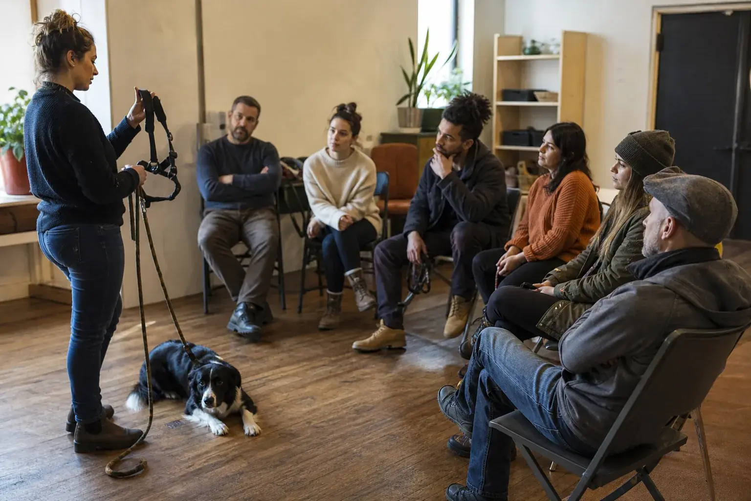 A group of owners at a workshop while the instructor explains how to use a harness