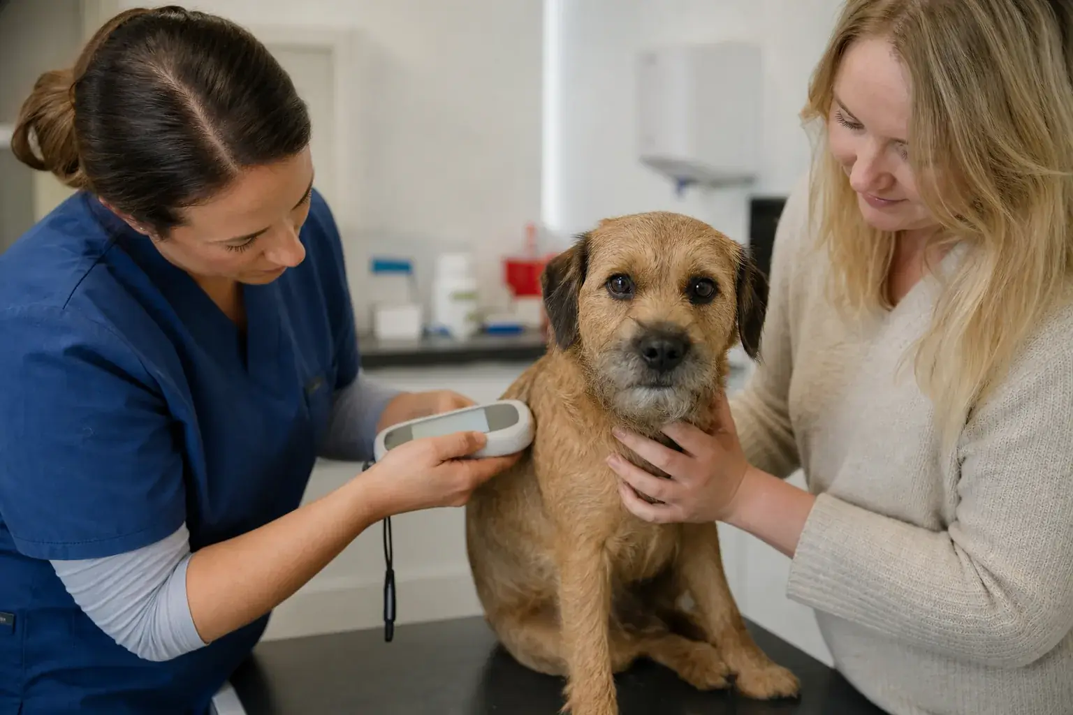 A vet scanning a dog&rsquo;s microchip on the examination table