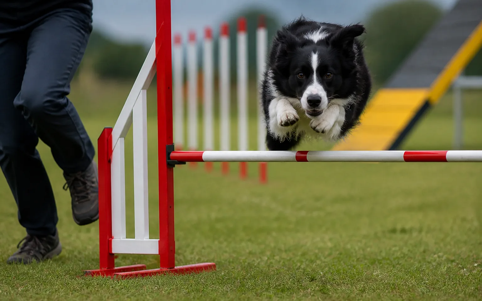 Border Collie clearing a red-and-white agility hurdle with its handler running alongside