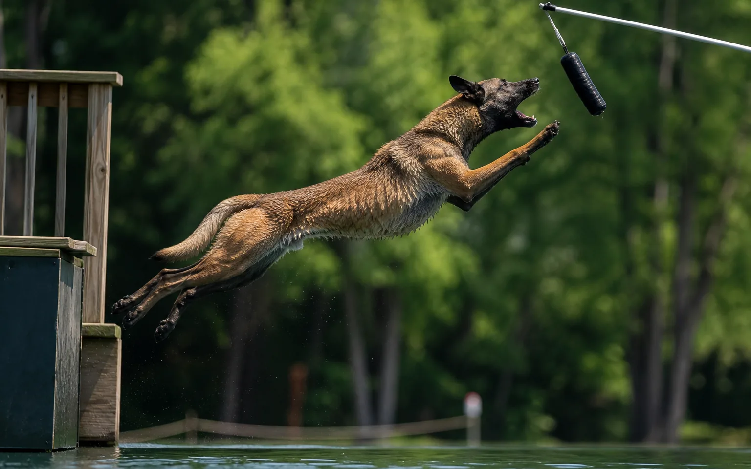Belgian Malinois leaping from a dock to grab a bumper suspended over the water