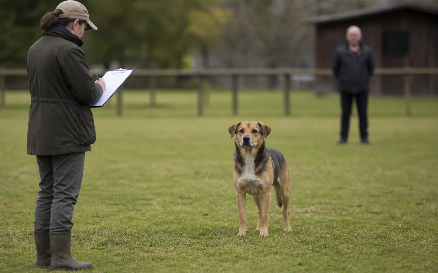 Mixed-breed dog standing calmly on grass while an assessor with a clipboard observes and takes notes