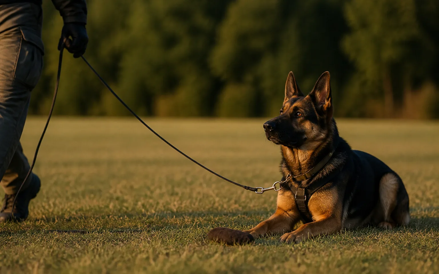 German Shepherd lying down beside a leather article found in the grass, indicating the find