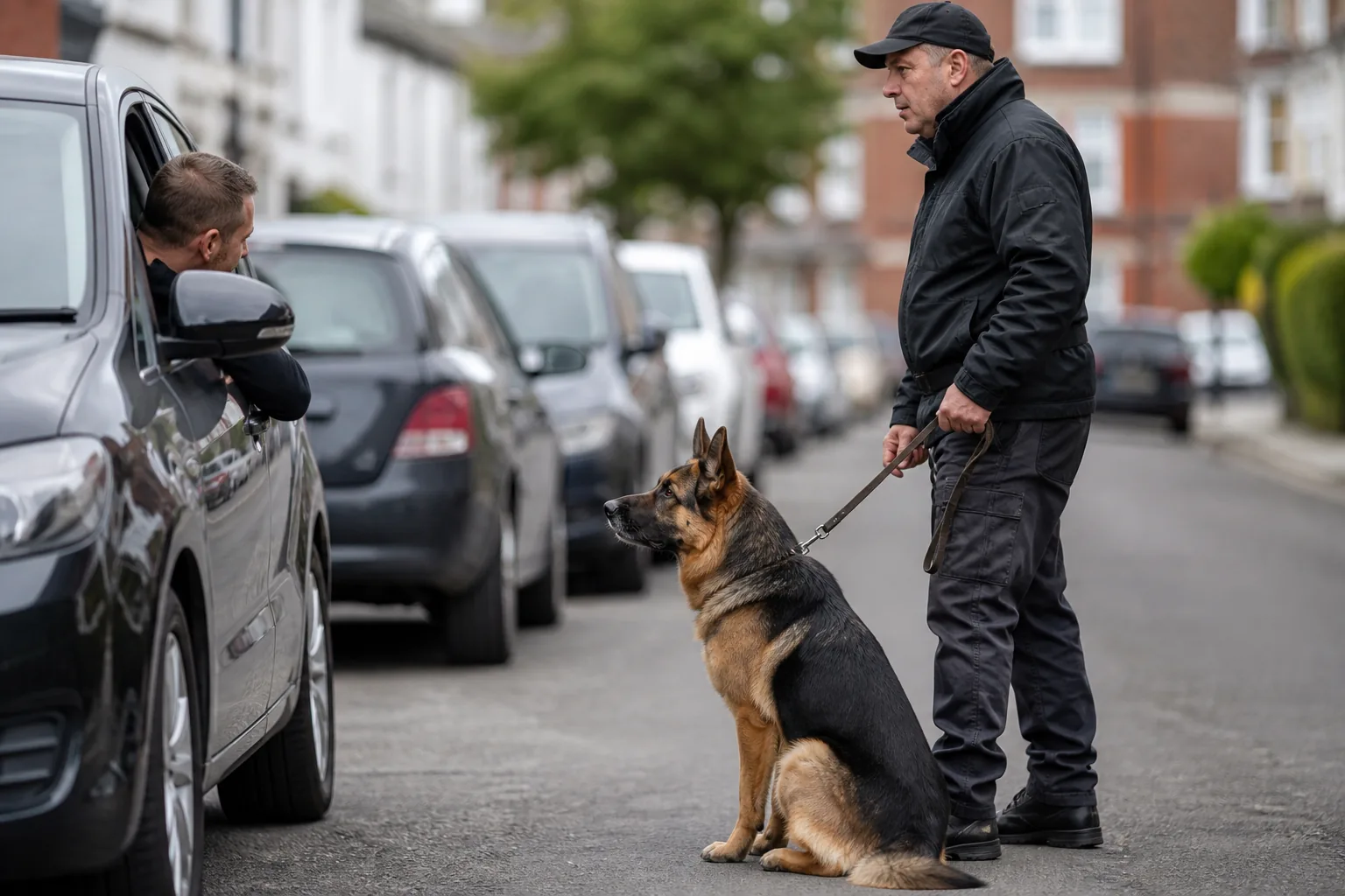 Câine așezat calm lângă conductor, în timp ce un șofer vorbește cu acesta pe geamul mașinii