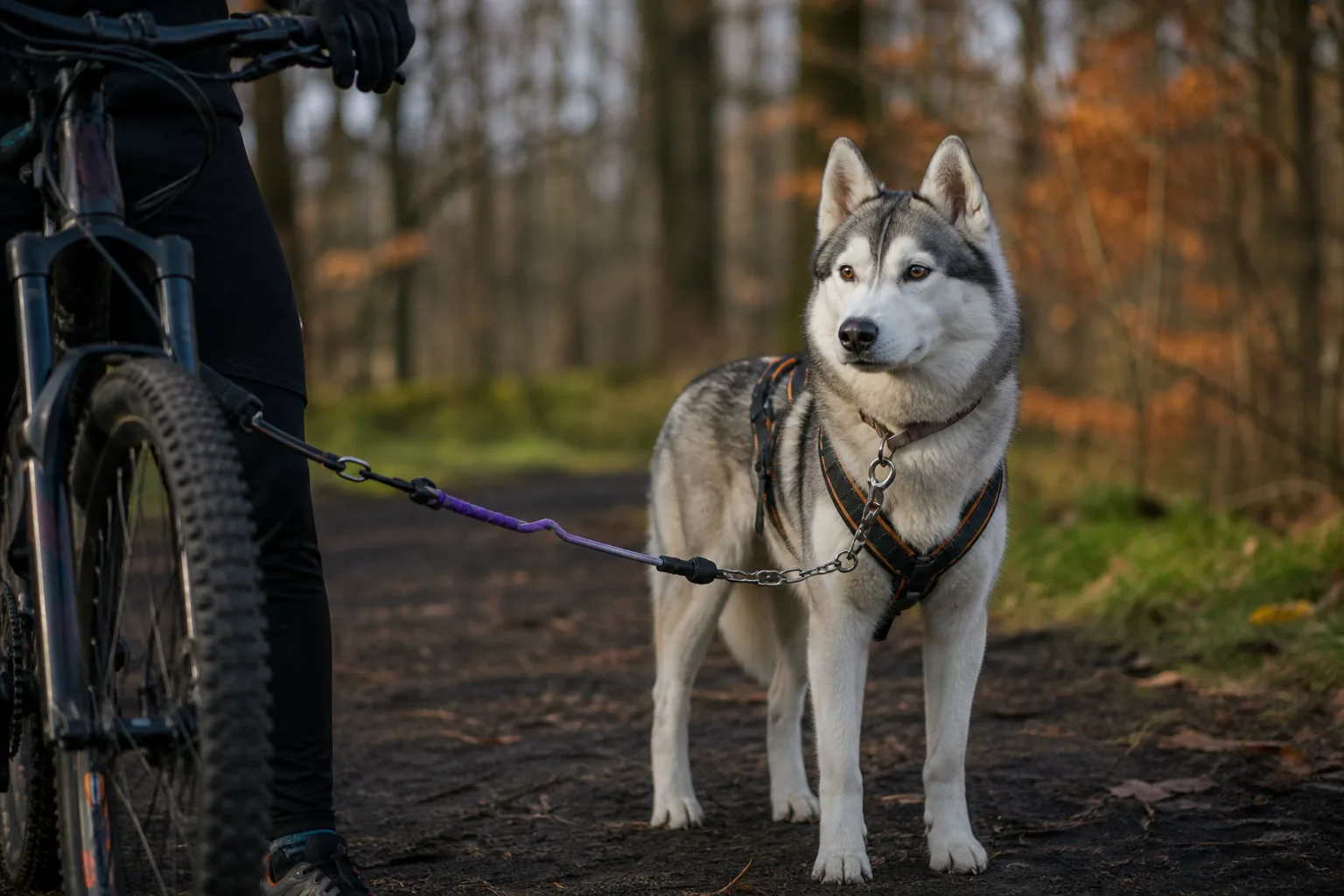 Harnessed husky standing calmly beside a parked bike with the towline slack