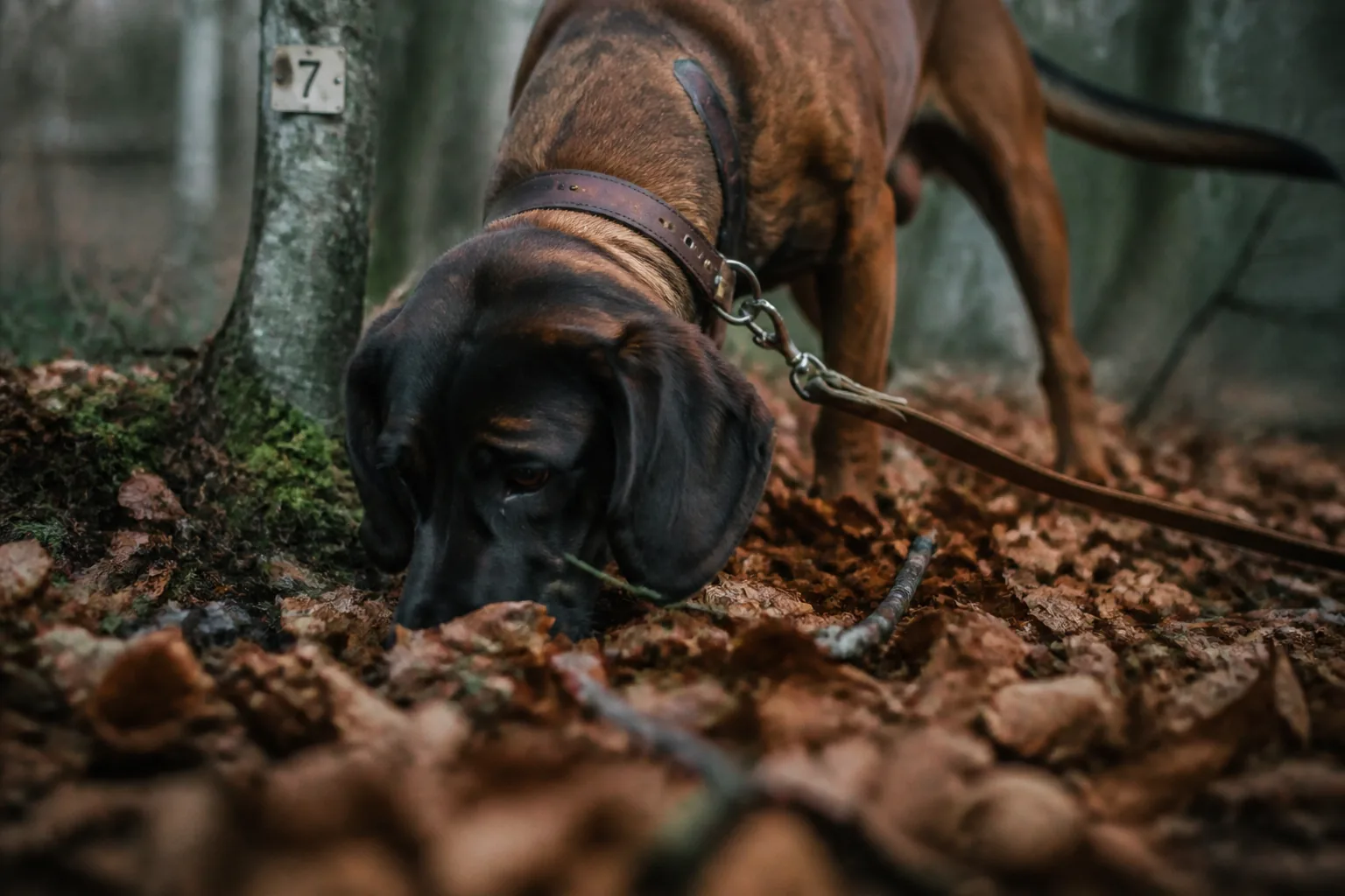 Close view of a Bavarian Mountain Hound's nose on beech leaves beside a trail marker
