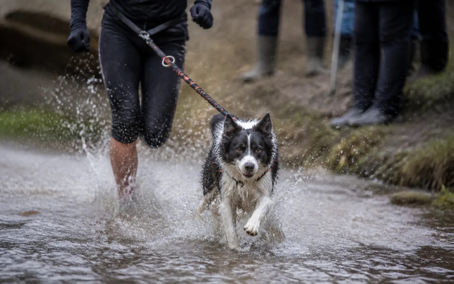Runner and Border Collie crossing a muddy stream together in an obstacle race