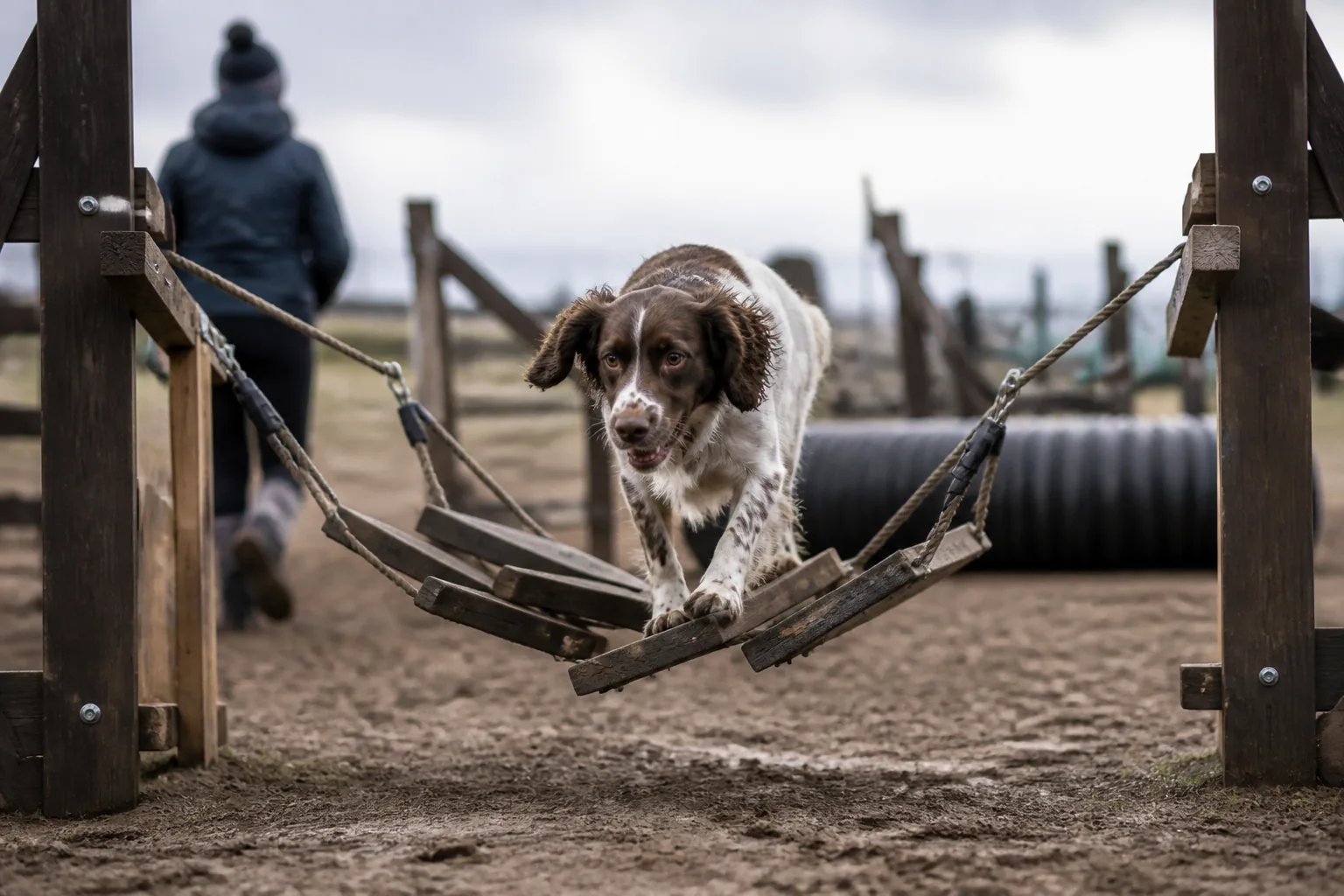 Dog crossing a suspended rope bridge obstacle low over the ground