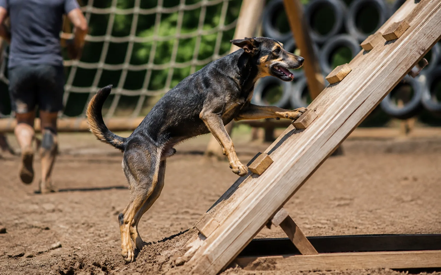 Athletic dog climbing an angled wooden ramp on an outdoor obstacle course