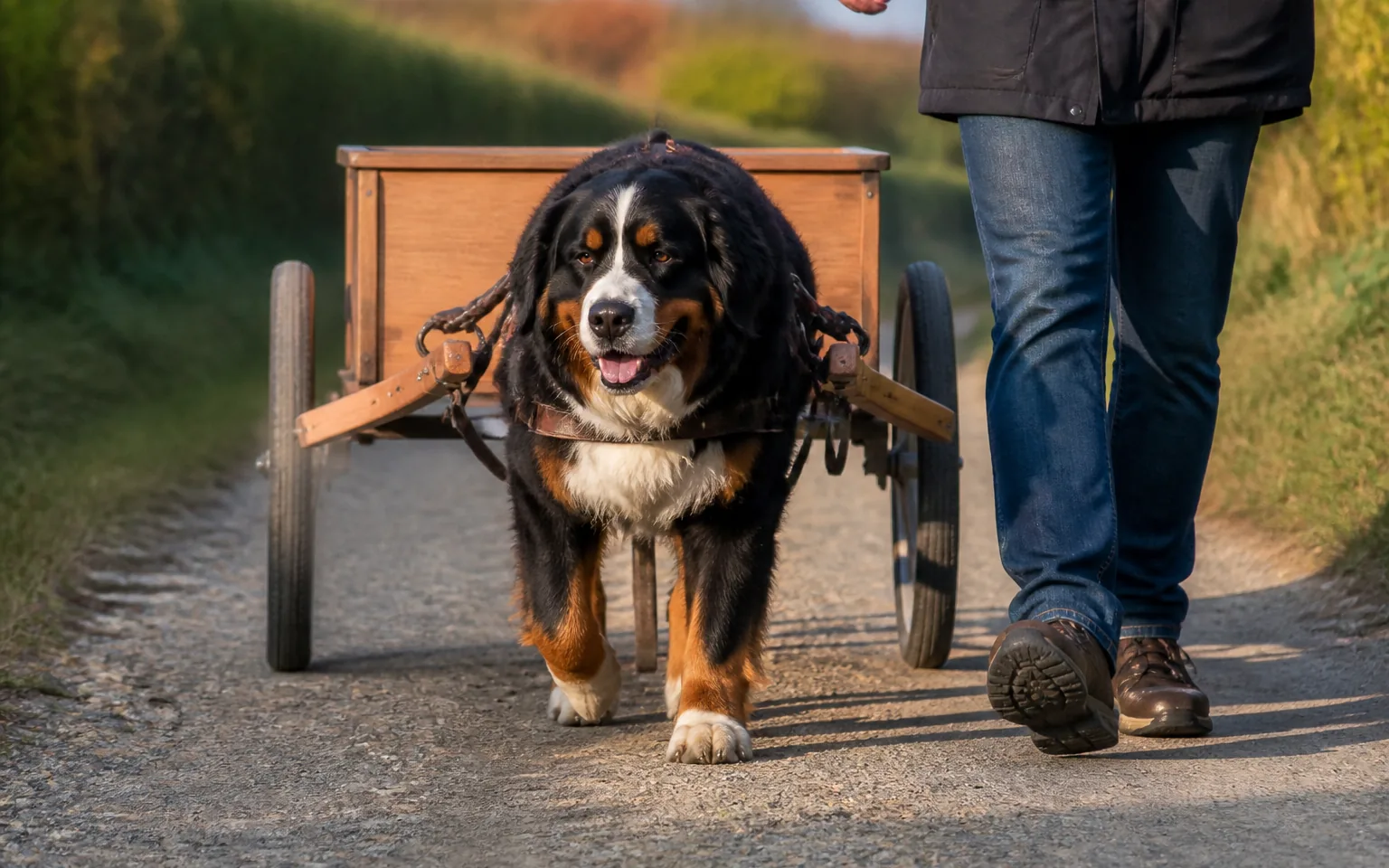 Bernese Mountain Dog harnessed to a two-wheeled cart on a country lane