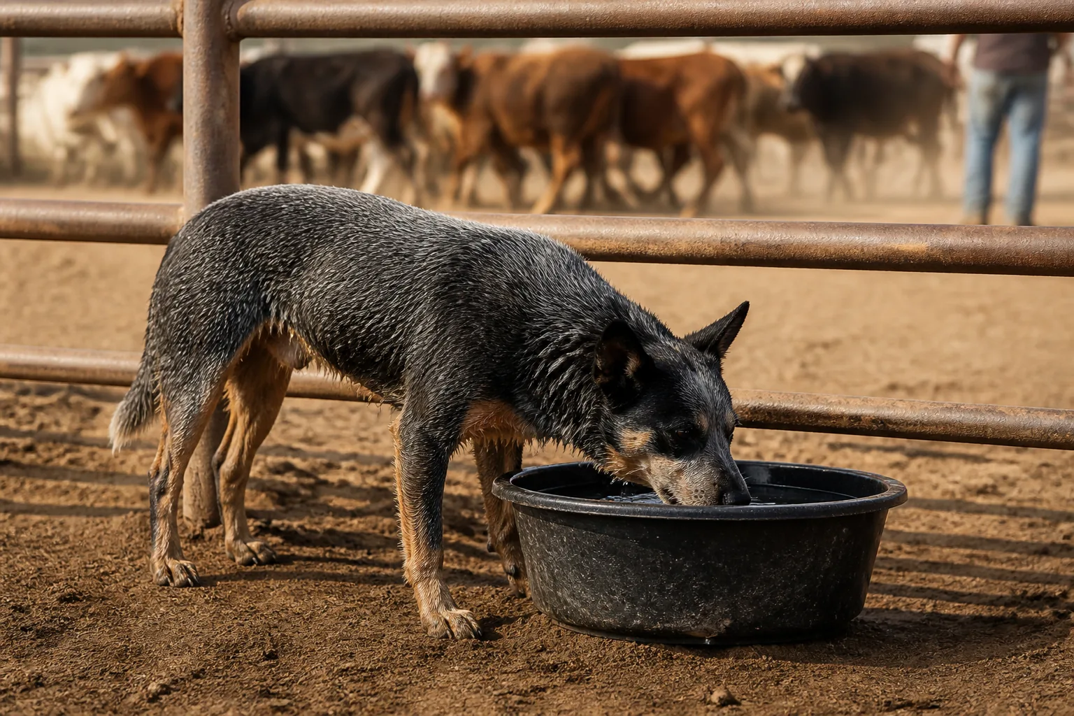 Australian Cattle Dog drinking in the shade of a stockyard rail after its run