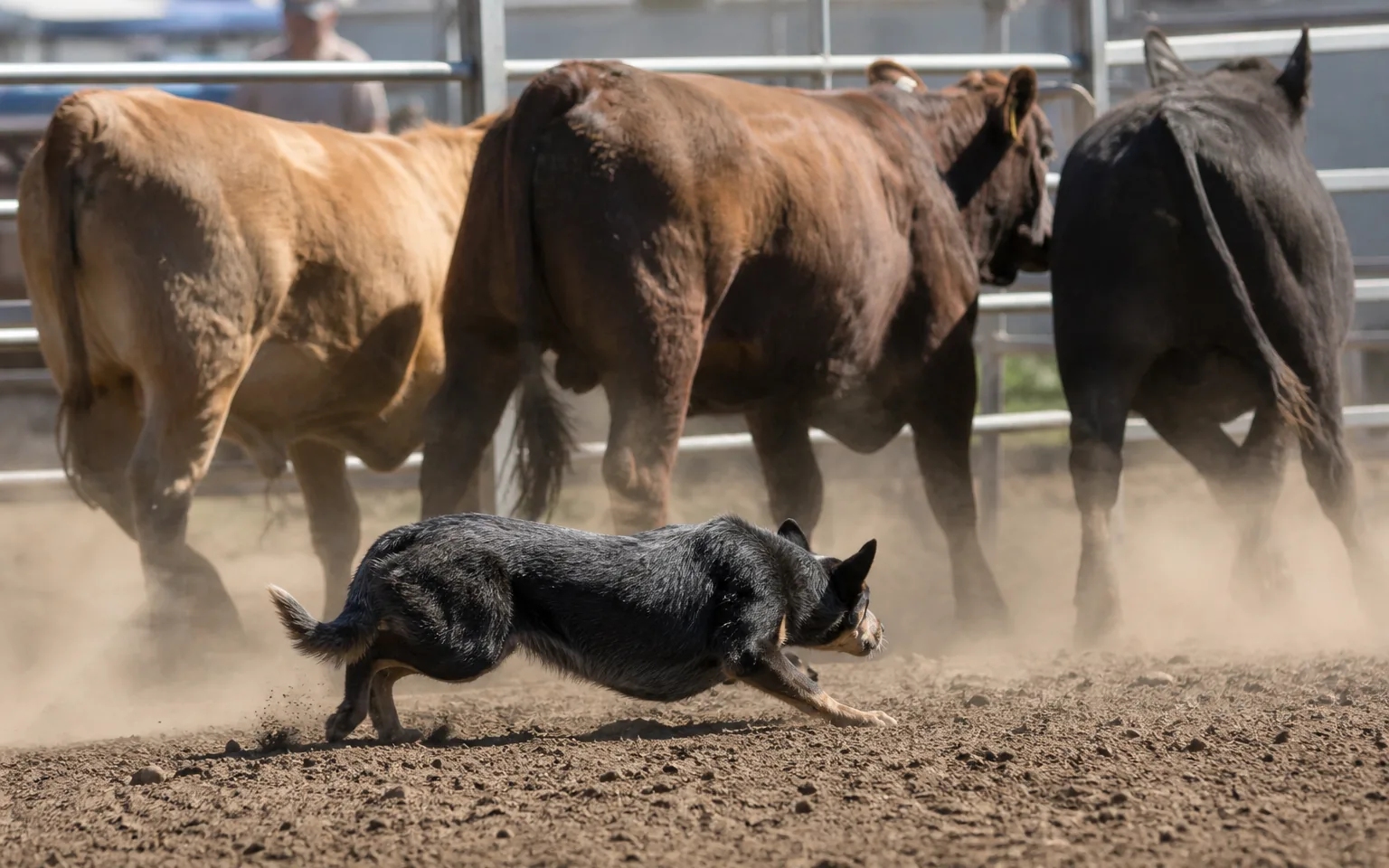 Australian Cattle Dog holding position in front of three cattle in a dusty stockyard