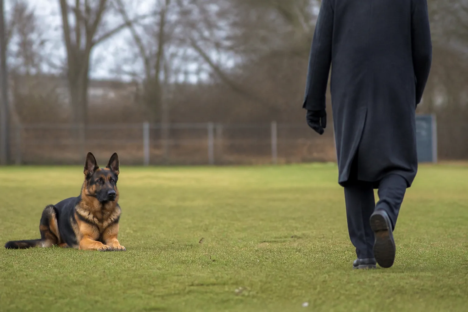 German Shepherd holding position as a stranger walks slowly past